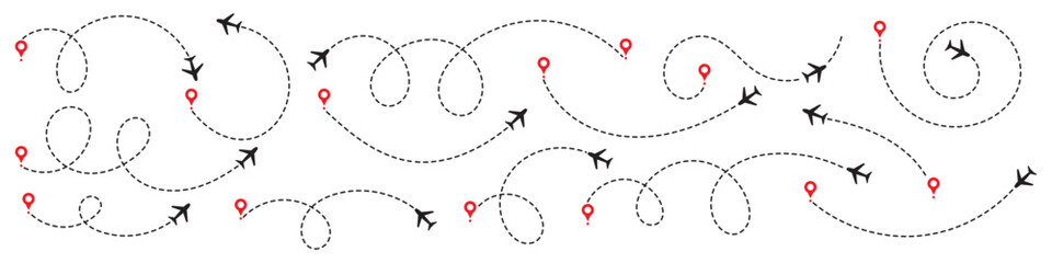 Minimalist airplane travel path with map pins. Dashed route line representing a plane journey, romantic trip, business travel, and flight routes. Destination map line icon, Location map path distance © RadheK 