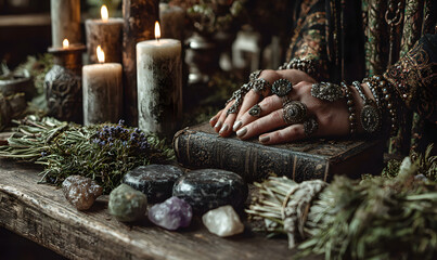 Witches hands on a table ready for spell work. Wiccan witch altar filled with sage evergreen branches herbs crystals and burning white candles. Wearing vintage jewelry on her hands