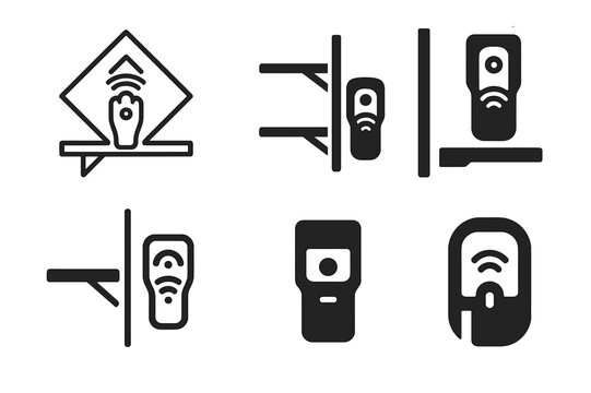 Floating Shelf Logos. Installing floating shelves on a wall. Set Logo of installing floating shelves on a wall: wall stud finder. Icon set. harmonious logo