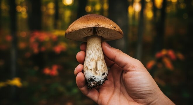 Hand holding wild mushroom in forest during autumn season  
