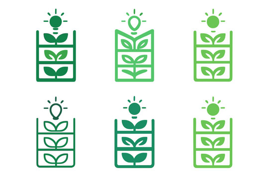 Innovative Climate Logos. Innovative solutions for climate change. Icon set. Set Logo of innovative solutions for climate change: vertical farming system.