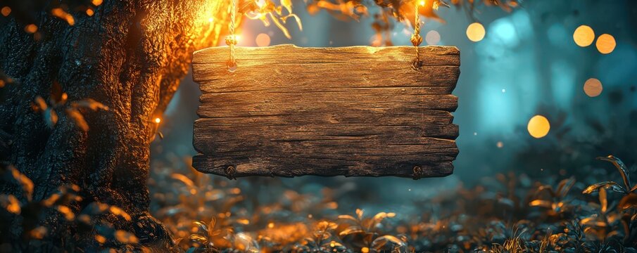 Wooden signboard hanging on a tree illuminated by warm glowing lights in a mystical forest setting