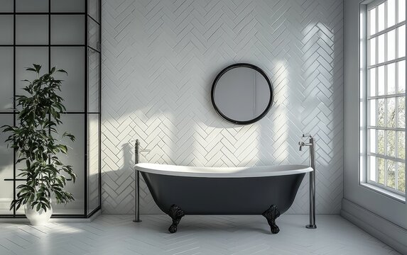 Minimalist bathroom with modern bathtub, herringbone tile walls, and large window casting natural light - Powered by Adobe