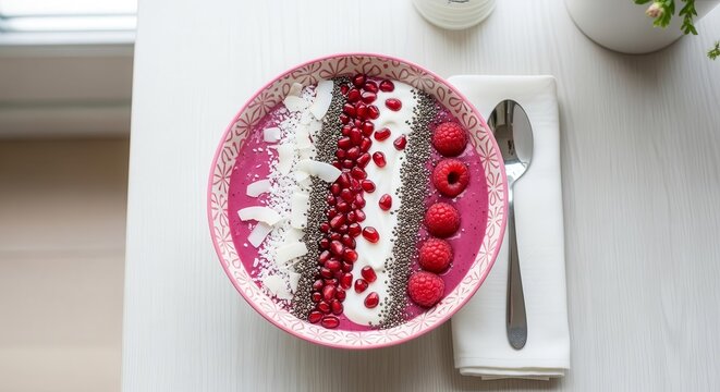 Vibrant Smoothie Bowl with Fresh Berries and Seeds with a Side of Silverware