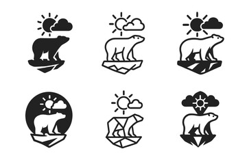 Fototapeta premium Polar Bear Logos. Pollution and wildlife. Set Logo of Pollution and wildlife: polar bear on shrinking ice with smog sun. Icon set. harmonious logo variations