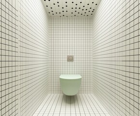 3D rendering of a modern small bathroom with minimalist design featuring white tiled walls and floors, a sleek wall-mounted toilet, and pale green cabinet