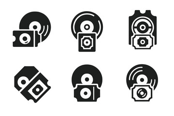 Analog Music Icons. Analog music experiences like vinyl records and live performances. Icon set. Set Logo of Analog music experiences like vinyl records and