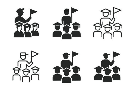 Educational Logo Variations. Educational field trips and excursions. Set Logo of Educational field trips and excursions: student group with guide flag. Icon