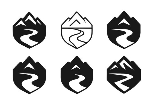 Mountain River Logo Set. Graphic design trends nature inspired design example. Set Logo of graphic design trends nature inspired design example: mountain and