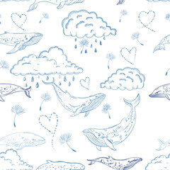 Cute vector seamless children pattern with hand drawn whales and clouds perfect for bedding fabric and textiles
