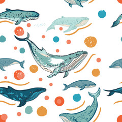 Cute vector seamless children pattern with hand drawn whales perfect for bedding fabric and textiles