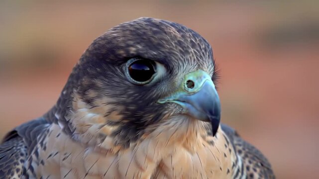 Close-up of a bird's face, showcasing detailed feathers, a sharp beak, and a captivating eye