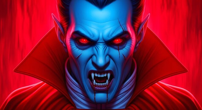 Closeup portrait of a menacing vampire with glowing red eyes and fangs, set against a dramatic red background, evoking a sense of horror and the supernatural - Powered by Adobe