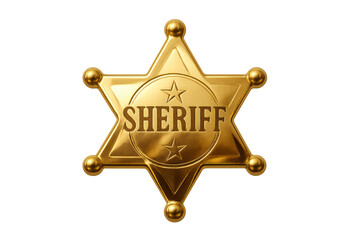Golden sheriff star badge symbolizing justice, protection, and the american old west, isolated with a transparent background