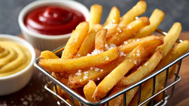 Crispy golden fries in basket with sauces: delicious snack temptation