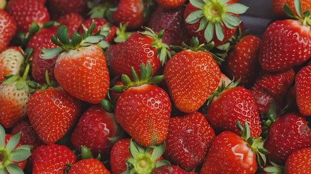 Cinematic Video of Market Counter Filled with Ripe Red Organic Strawberries in Natural Daylight