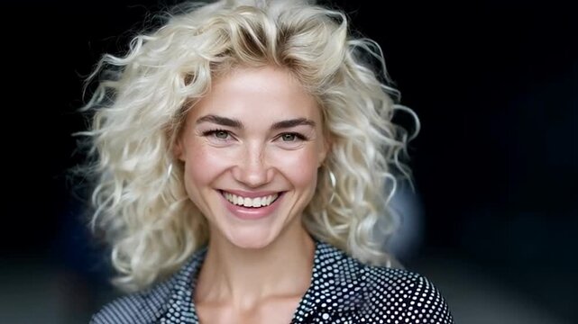 Smiling young woman with curly blonde hair, confident and joyful under natural light, representing empowerment and self-expression
