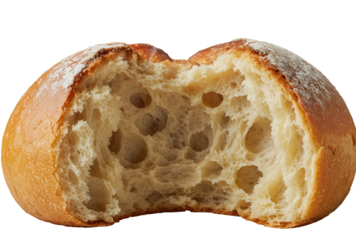 Hyperrealistic macro close-up of a torn, steamy artisanal brioche roll on a transparent background, lit by extreme raking studio light, highlighting exquisite detail, freshness and warmth concept