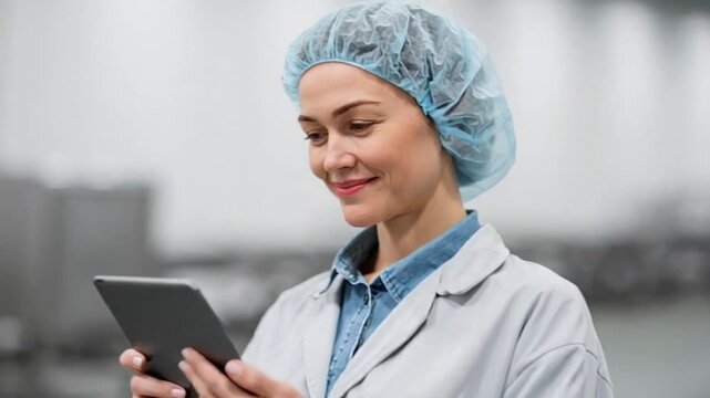 Smiling woman in a lab coat uses a tablet, industrial background suggests a modern laboratory setting, conveys professionalism and innovation