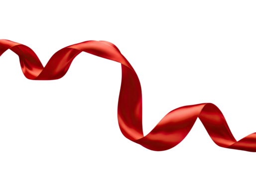 Elegant flowing red ribbon isolated on transparent background with subtle sheen and soft shadows