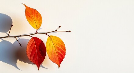 Naklejka premium Autumn branch with red and yellow leaves casting shadows on a white background