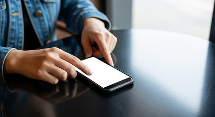 A close-up of hands at a cafe table using a smartphone with a blank screen, perfect for casual business meetings and mobile browsing
