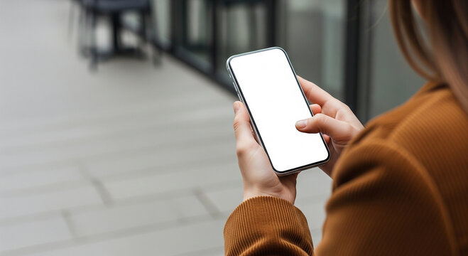A woman viewed from the side, focused on using her smartphone with a blank screen, perfect for social media, texting, and mobile app usage - Powered by Adobe