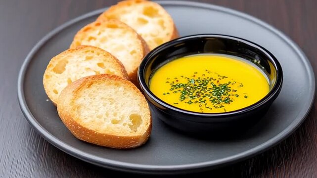 Vibrant pumpkin soup in a black bowl, slices of crusty baguette on a dark plate, cozy autumn meal with a touch of gourmet elegance