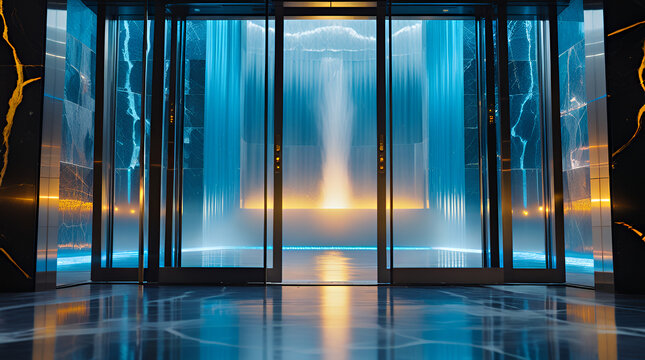 Futuristic glowing elevator entrance with blue and orange light and marble flooring