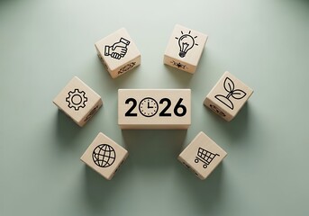 Conceptual image of the year 2026 with diverse business and environmental icons arranged in a circle