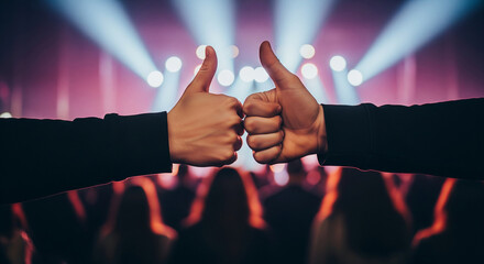 A silhouette of a crowd with glowing thumbs up signs, perfect for positive public opinion, successful events, and audience engagement