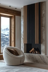 Fototapeta premium Cozy minimalist living room interior with modern fireplace and plush chair in rustic mountain setting