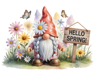 Hello Spring Garden Gnome: Cute Female Gnome with Daisy, Flowers, and Butterflies