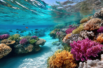 Fototapeta premium Vibrant Coral Reef with Tropical Fish and Sunlight