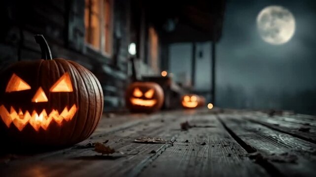 Jack-o'-lanterns glow on a wooden porch, eerie moonlit night sets a spooky mood, Halloween ambiance with rustic autumn vibes