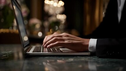 Hands typing on a laptop, elegant ambiance with a marble table, professional setting with soft bokeh lights, night work vibe