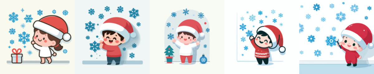 vector children decorating the wall with snow stickers