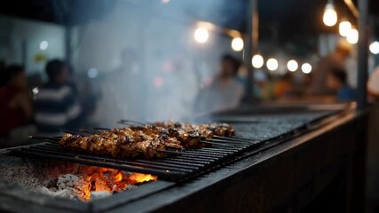 Night market grilling scene, tantalizing aroma of street food, festive vibe with glowing lights, perfect for summer cookouts or multicultural events
