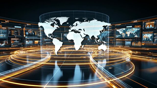 Futuristic digital environment features a global map encircled by glowing light trails and data displays