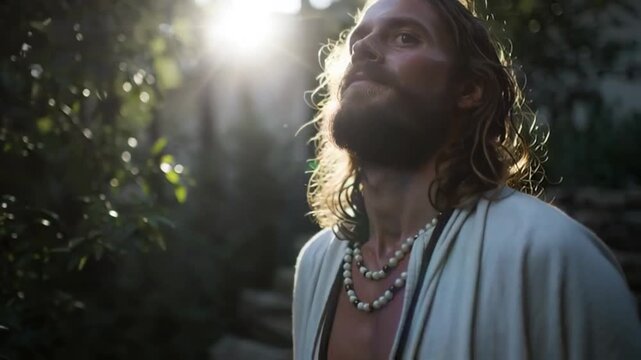 Bearded man with long hair in peaceful forest setting, reflective mood under dappled sunlight, invokes spiritual tranquility and mindfulness
