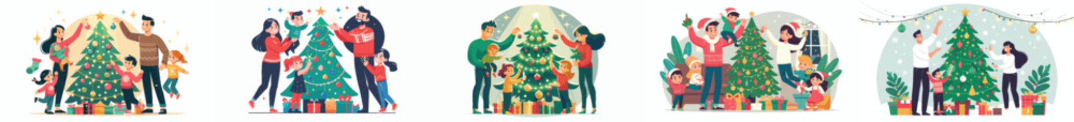 vector family decorating christmas tree together