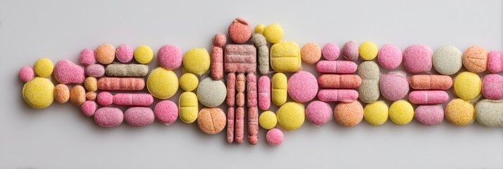 Obraz premium Human Silhouette Created With Colorful Pills Representing Health and Wellness Solutions in a Minimalist Setting