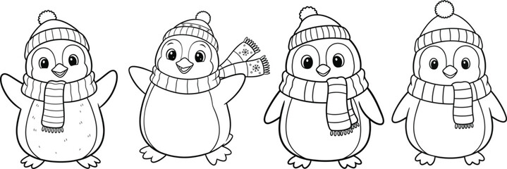 Adorable winter penguins wearing hats and scarves ready for coloring fun for kids, perfect for holiday activities and creative projects