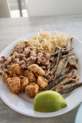 Andalusian fried food of chanquetes, marinated dogfish, anchovies and little squids