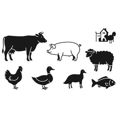 Fototapeta premium Farm Animals Silhouettes - Cow, Pig, Sheep, Chicken, Duck, Fish.