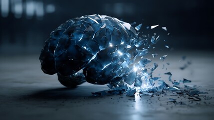 high-detail conceptual image of brain made from crystal-like shards, pieces separating with faint glow between gaps, dark cinematic tones, 
