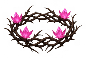 Fantasy thorn wreath crown with glowing pink crystal gems. Magic elven jewelry accessory on transparent background