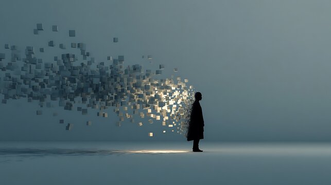 minimalist human silhouette dissolving into geometric cubes, expressing disconnection and anxiety, soft light gradient background, psychological art style, 