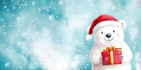 Naklejka premium Festive polar bear in santa hat holding christmas gift in winter wonderland