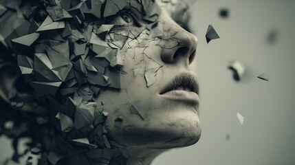 surreal human face breaking apart into polygonal fragments, floating in mid-air, fine art style, subtle depth of field, cool desaturated tones, emotional tension, 